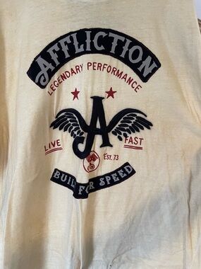 Affliction Cream Tee with Black and Red Winged Logo